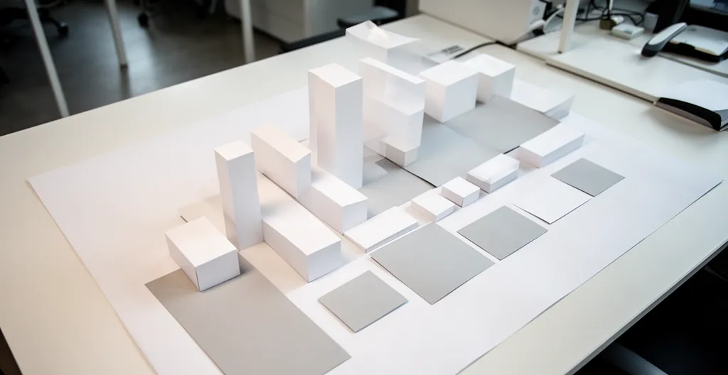 Architecture éditoriale avec structure hiérarchique visible et éléments de navigation digitaux