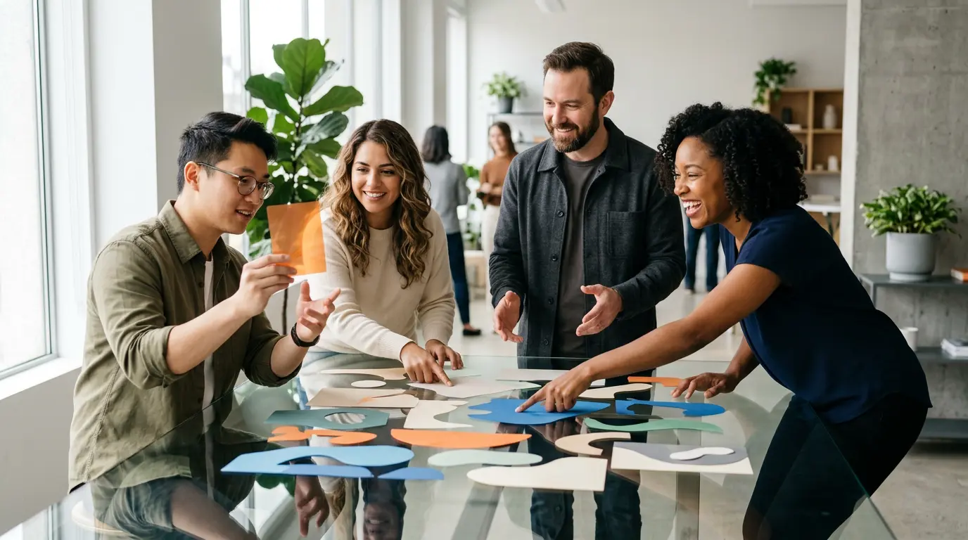Équipe travaillant sur une identité visuelle cohérente avec palette de couleurs et éléments de design