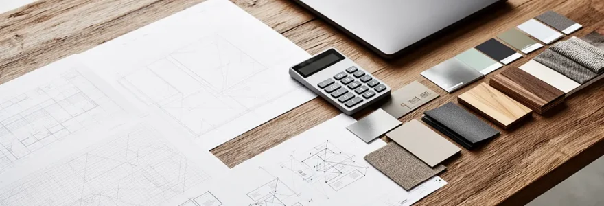 Vue d'architecte en plongée d'une table de travail avec plans de site web, calculatrice et contrats, éclairage naturel de fenêtre