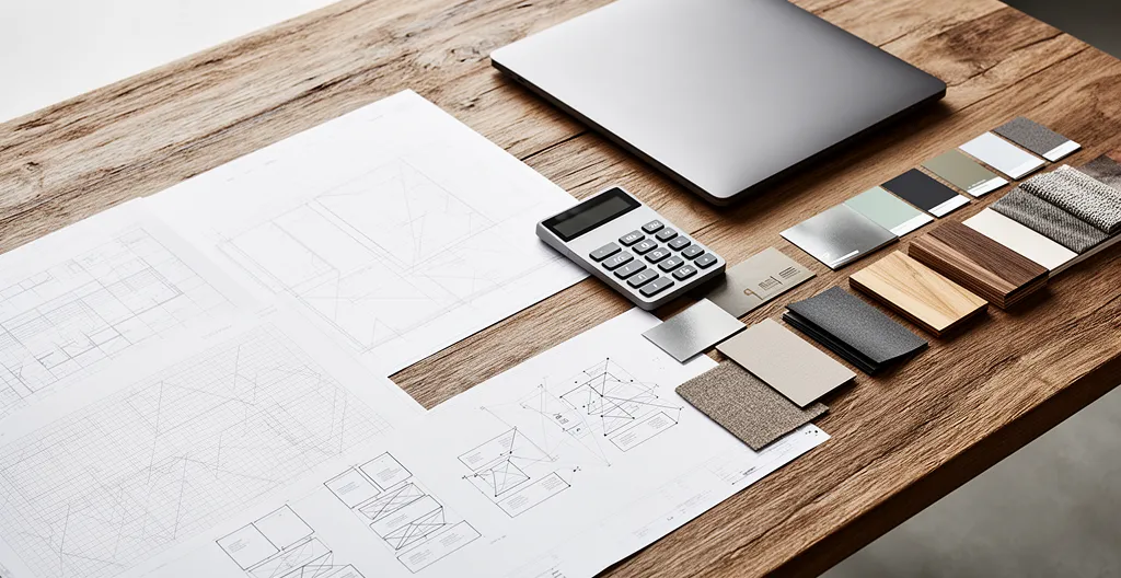 Vue d'architecte en plongée d'une table de travail avec plans de site web, calculatrice et contrats, éclairage naturel de fenêtre