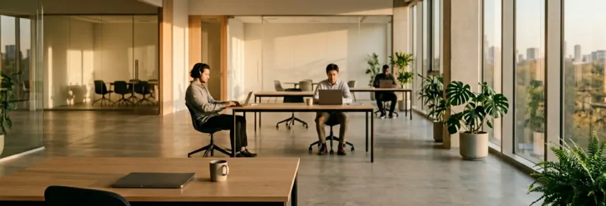 Équipe travaillant de manière asynchrone depuis différents espaces dans un environnement de bureau hybride