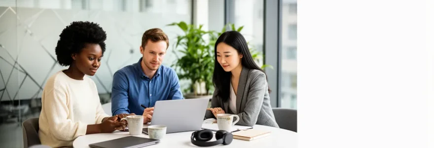 Interface de collaboration moderne avec écrans partagés et équipes de travail en réunion dans un espace de coworking lumineux