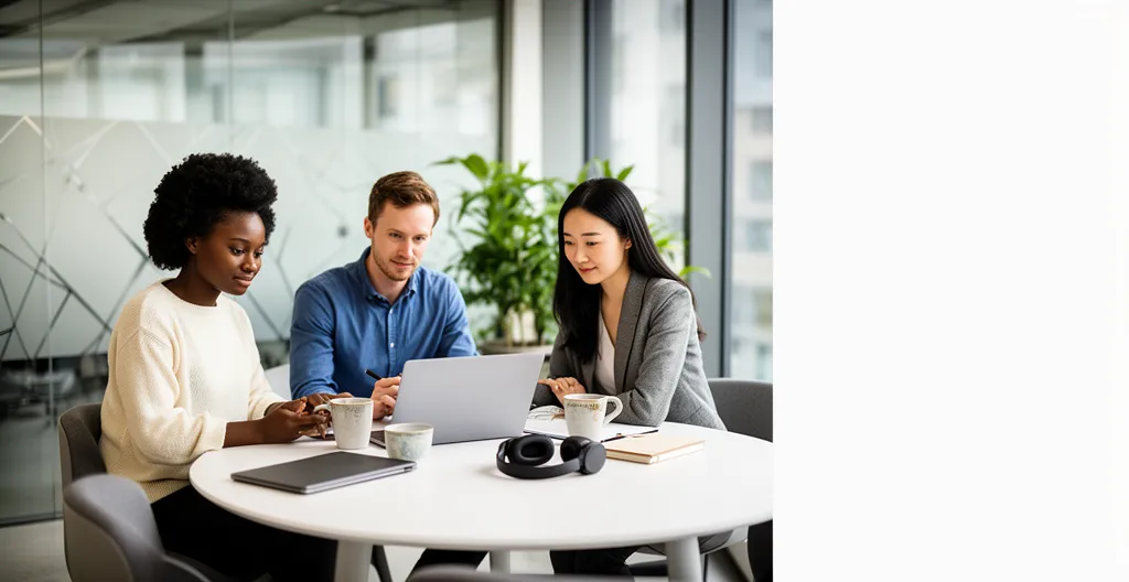 Interface de collaboration moderne avec écrans partagés et équipes de travail en réunion dans un espace de coworking lumineux