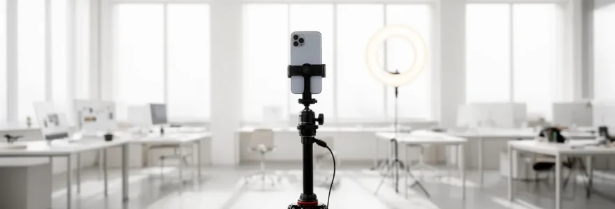 Production de vidéo mobile professionnelle avec trépied et ring light dans un espace créatif lumineux