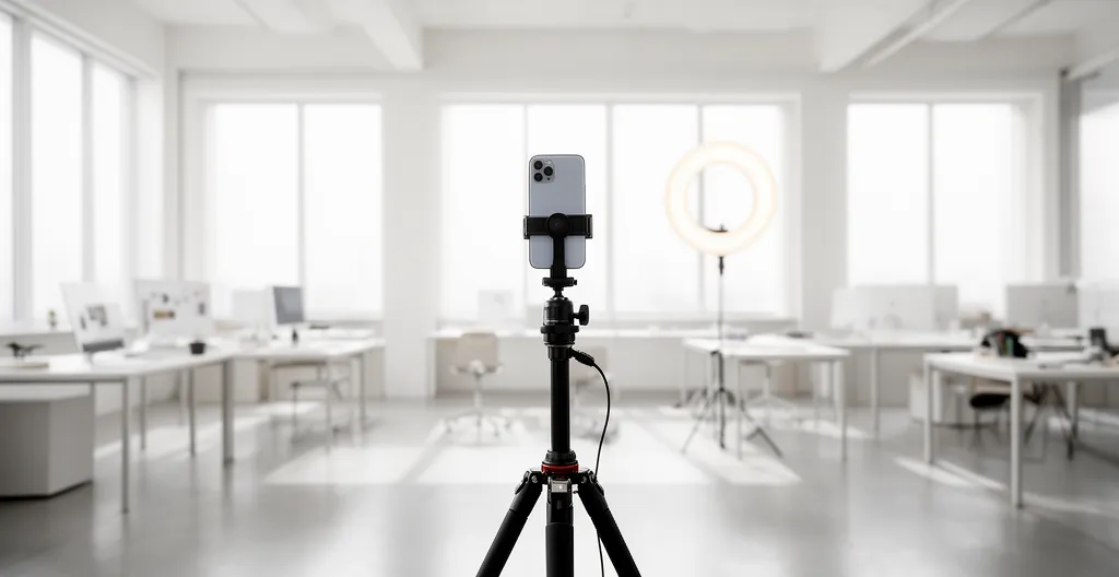 Production de vidéo mobile professionnelle avec trépied et ring light dans un espace créatif lumineux