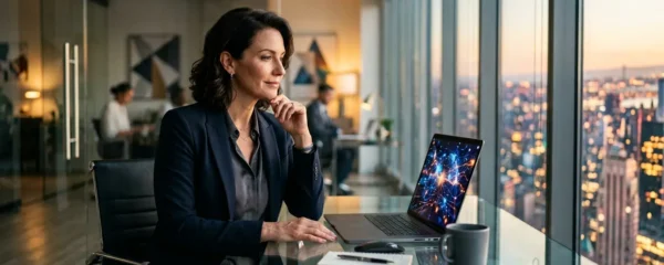 Dirigeant d'entreprise consultant son profil LinkedIn sur ordinateur portable dans un bureau moderne avec vue sur la ville