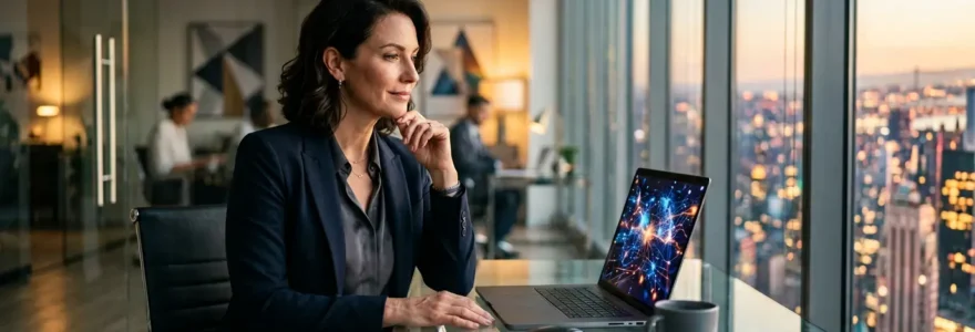 Dirigeant d'entreprise consultant son profil LinkedIn sur ordinateur portable dans un bureau moderne avec vue sur la ville