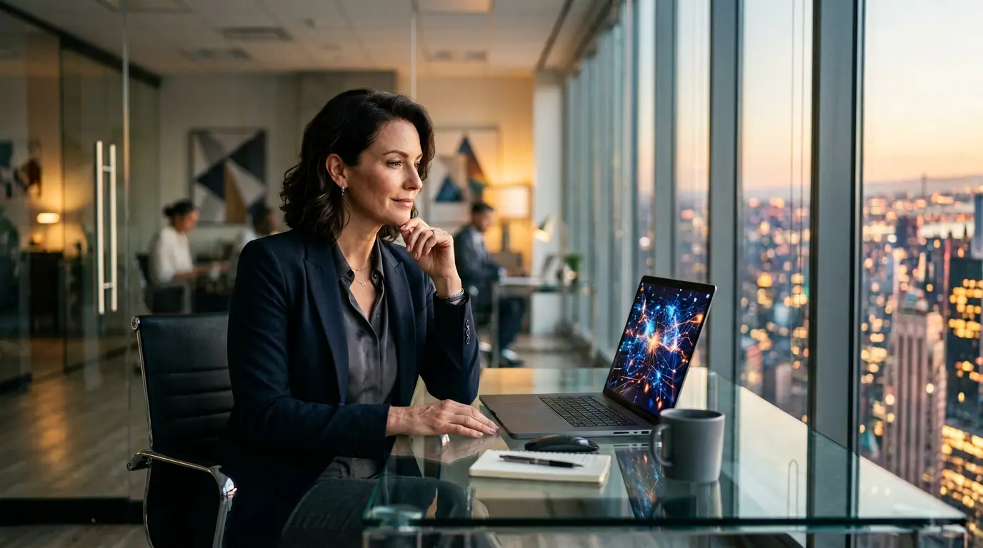 Dirigeant d'entreprise consultant son profil LinkedIn sur ordinateur portable dans un bureau moderne avec vue sur la ville