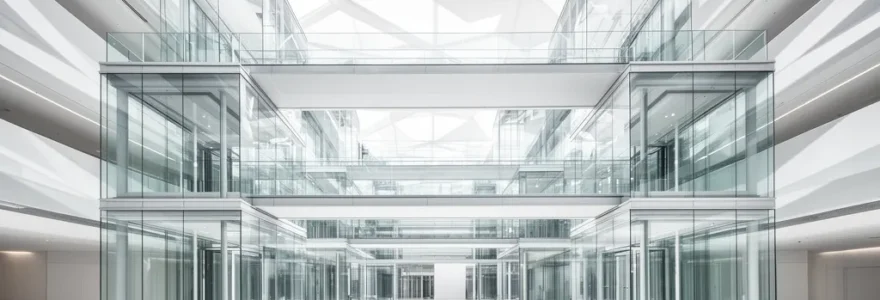 Vue panoramique d'une architecture d'entreprise moderne avec interconnexions modulaires