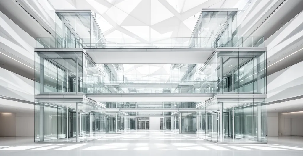 Vue panoramique d'une architecture d'entreprise moderne avec interconnexions modulaires