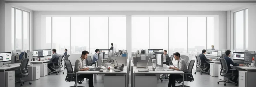 Bureau moderne avec un écran d'ordinateur montrant des bulles de conversation, un conseiller humain au téléphone et une plante verte, symbolisant l'équilibre technologie et humain