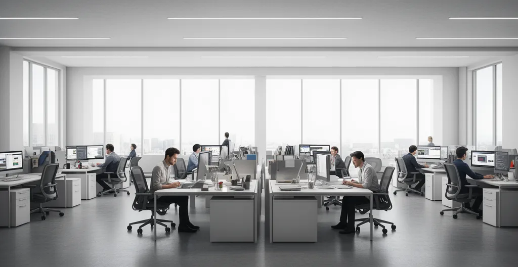 Bureau moderne avec un écran d'ordinateur montrant des bulles de conversation, un conseiller humain au téléphone et une plante verte, symbolisant l'équilibre technologie et humain