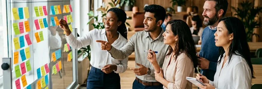Équipe marketing en séance de planification sprint avec tableau Kanban et notes colorées
