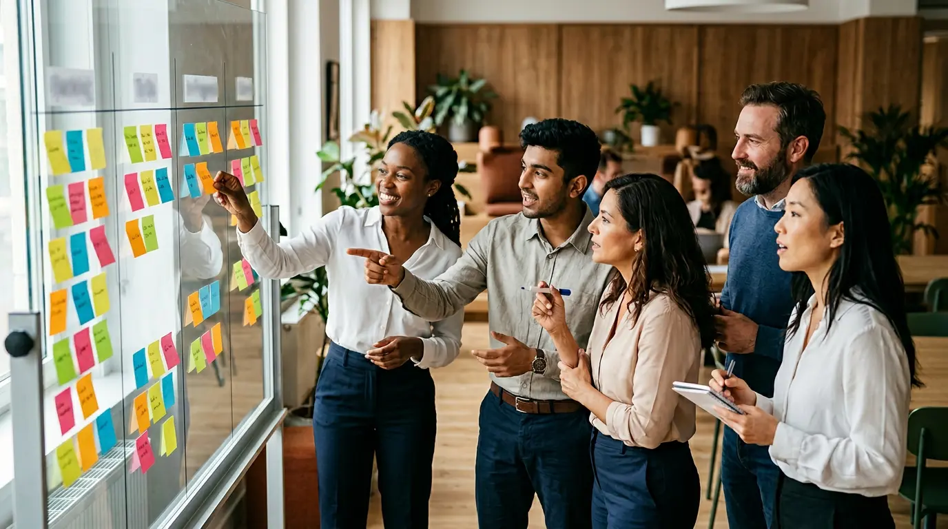 Équipe marketing en séance de planification sprint avec tableau Kanban et notes colorées