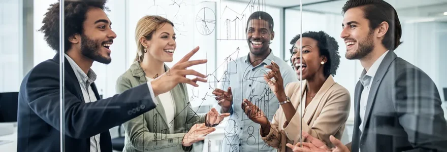 Professionnels du marketing collaborant autour d'un tableau stratégique avec des métriques visuelles