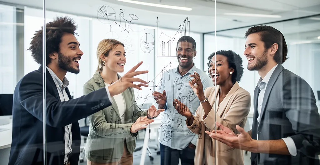 Professionnels du marketing collaborant autour d'un tableau stratégique avec des métriques visuelles