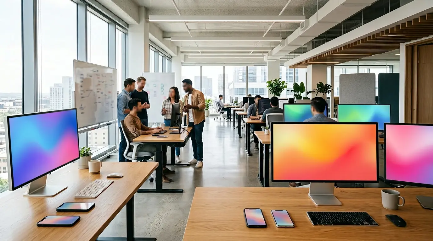 Développeurs travaillant sur des applications mobiles avec des interfaces modernes