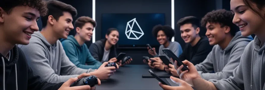 Jeunes gamers dans un environnement numérique coloré représentant l'advergaming