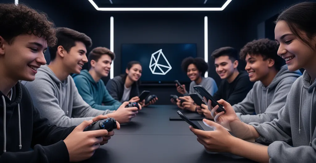 Jeunes gamers dans un environnement numérique coloré représentant l'advergaming