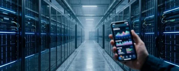 Centre de données sécurisé avec serveurs lumineux en arrière-plan et application de santé floue au premier plan