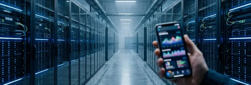 Centre de données sécurisé avec serveurs lumineux en arrière-plan et application de santé floue au premier plan