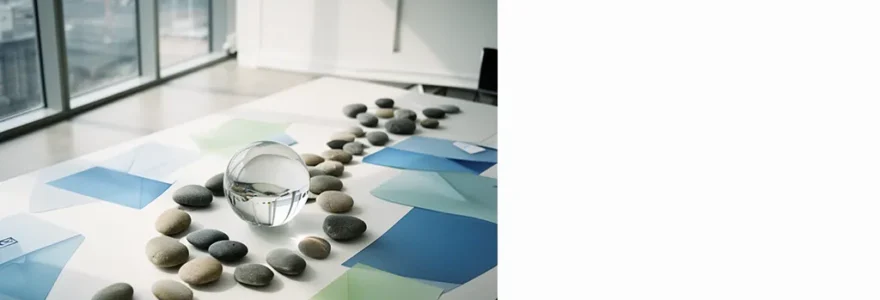 Vue aérienne d'un espace de travail moderne avec des éléments abstraits représentant la gestion des emails