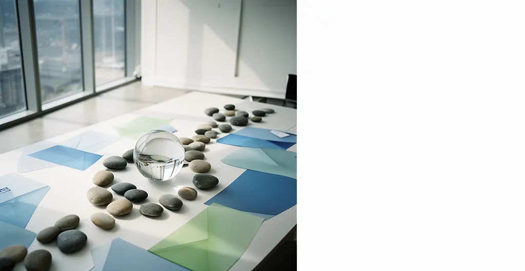 Vue aérienne d'un espace de travail moderne avec des éléments abstraits représentant la gestion des emails