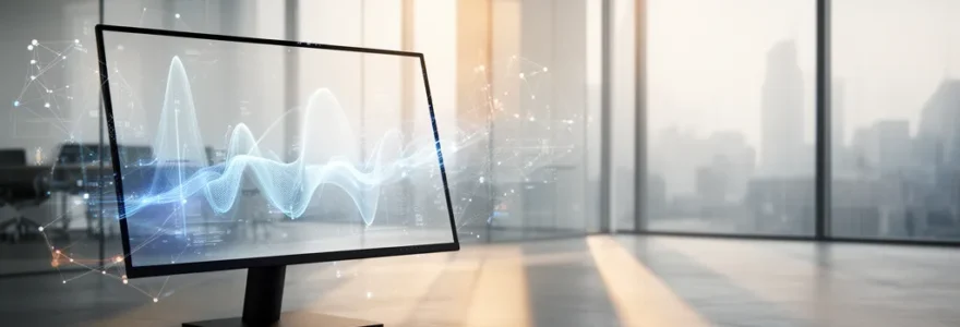 Tableau de bord analytique moderne affichant des flux de données et des graphiques de performance en temps réel sur un écran d'ordinateur dans un environnement de bureau épuré