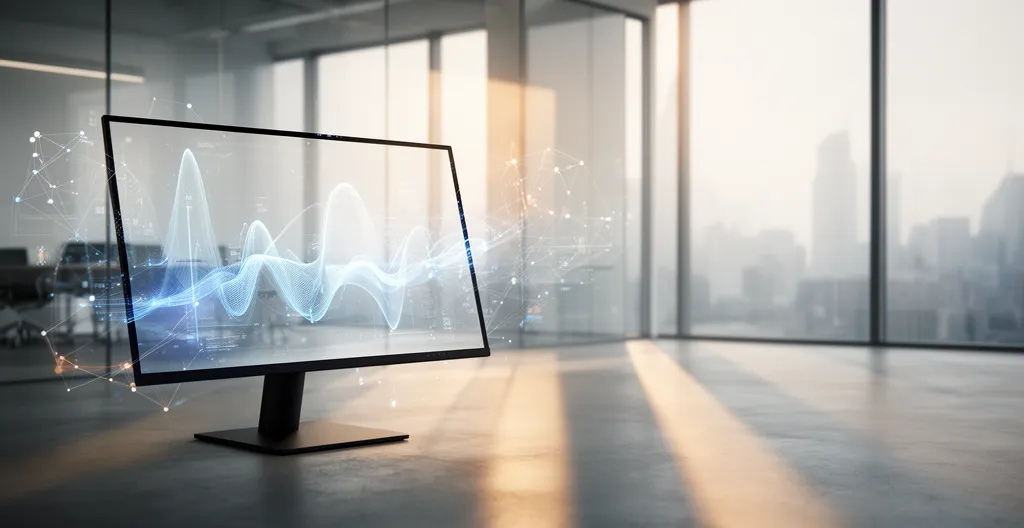 Tableau de bord analytique moderne affichant des flux de données et des graphiques de performance en temps réel sur un écran d'ordinateur dans un environnement de bureau épuré