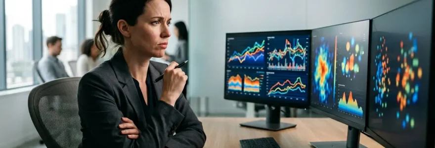 Personne analysant des données SEO complexes sur plusieurs écrans dans un environnement moderne