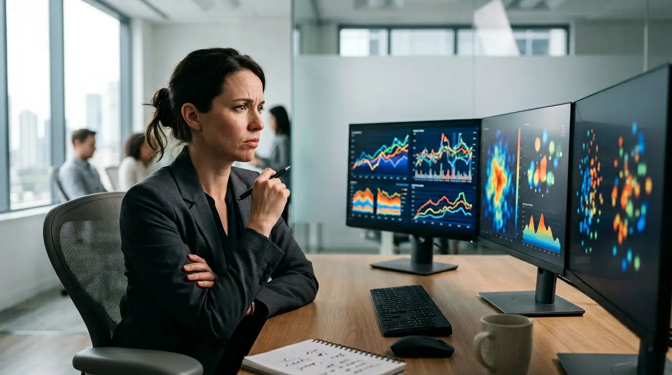 Personne analysant des données SEO complexes sur plusieurs écrans dans un environnement moderne