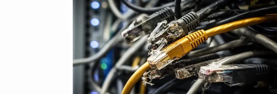 Vue macro détaillée de fils de réseau informatique emmêlés avec des connexions défaillantes