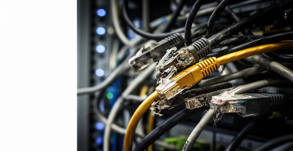 Vue macro détaillée de fils de réseau informatique emmêlés avec des connexions défaillantes