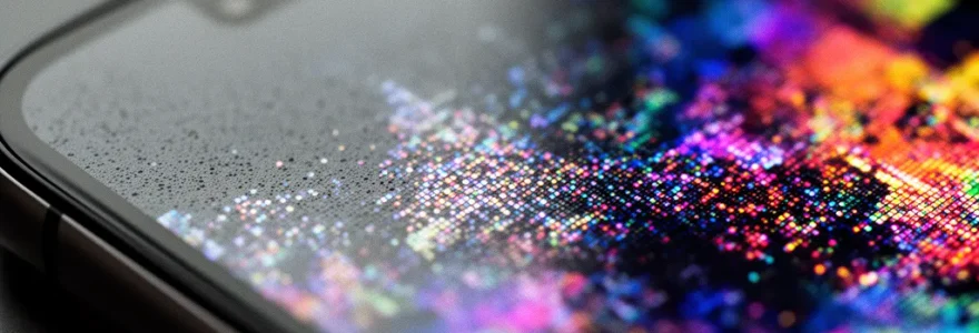 Vue macro détaillée d'un écran de smartphone moderne affichant des éléments d'interface mobile flous et abstraits