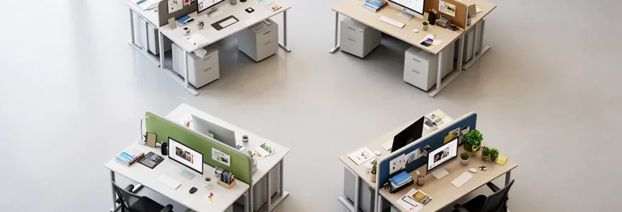 Vue en plongée d'un espace de travail collaboratif moderne avec cinq postes de travail interconnectés par des fils lumineux formant un réseau organique