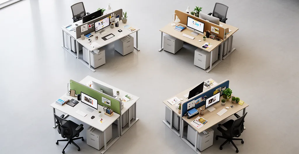 Vue en plongée d'un espace de travail collaboratif moderne avec cinq postes de travail interconnectés par des fils lumineux formant un réseau organique