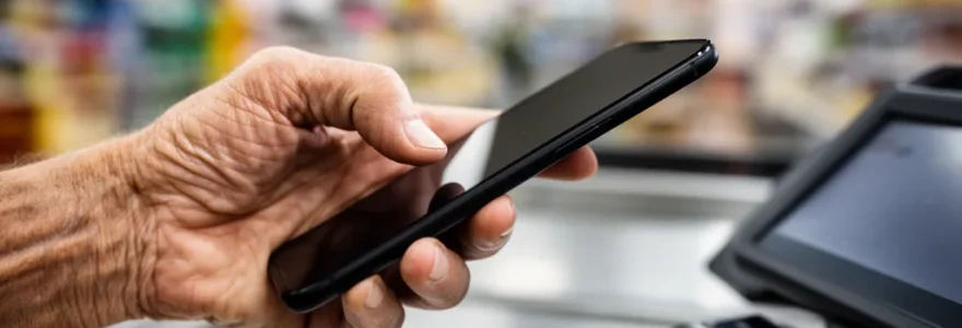 Smartphone moderne dans main humaine montrant un geste de paiement biométrique dans un contexte commercial