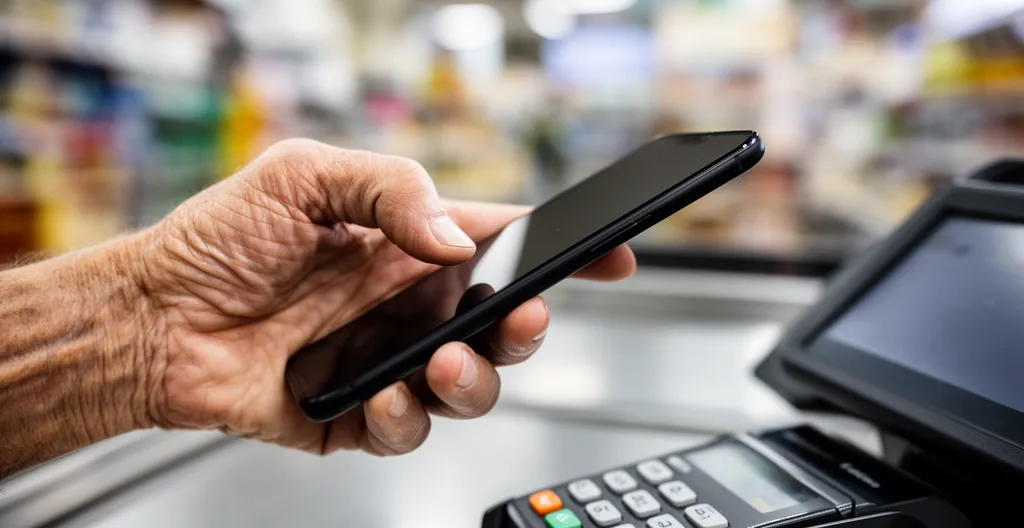 Smartphone moderne dans main humaine montrant un geste de paiement biométrique dans un contexte commercial