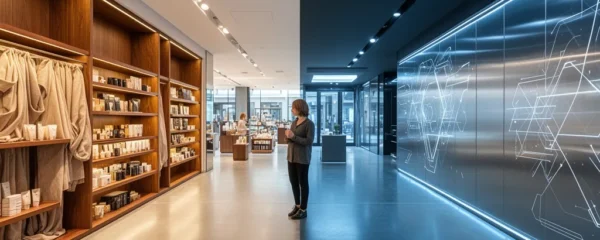 Vue panoramique d'un espace commercial hybride où un client navigue naturellement entre univers digital et physique