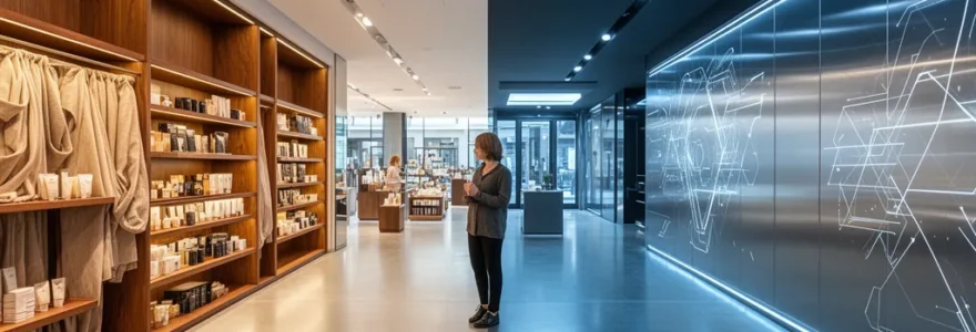 Vue panoramique d'un espace commercial hybride où un client navigue naturellement entre univers digital et physique
