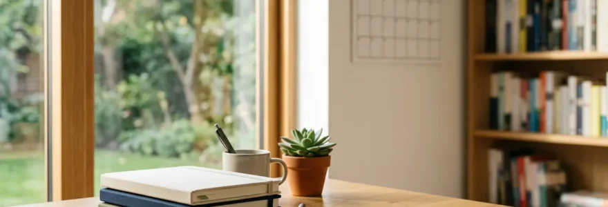 Espace de travail moderne avec calendrier éditorial sur écran et plantes vertes