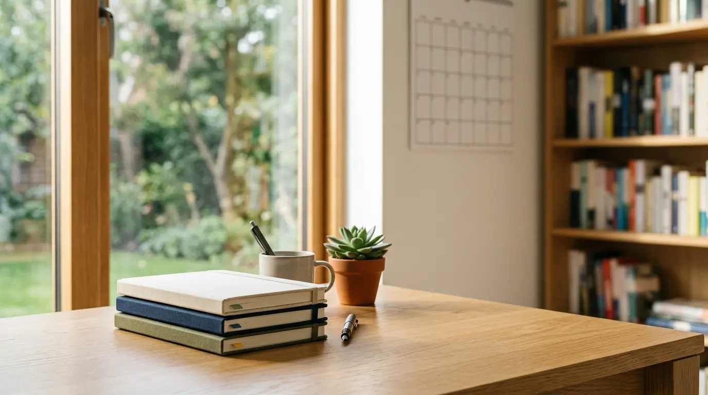 Espace de travail moderne avec calendrier éditorial sur écran et plantes vertes