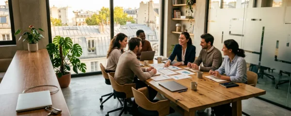 Bureau moderne avec écran d'ordinateur montrant un cadenas numérique, équipe de PME en arrière-plan discutant stratégie sécurité