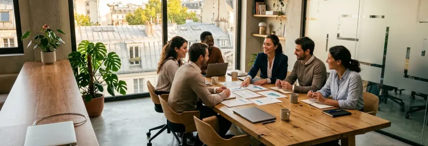 Bureau moderne avec écran d'ordinateur montrant un cadenas numérique, équipe de PME en arrière-plan discutant stratégie sécurité