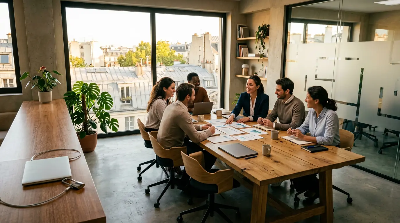 Bureau moderne avec écran d'ordinateur montrant un cadenas numérique, équipe de PME en arrière-plan discutant stratégie sécurité