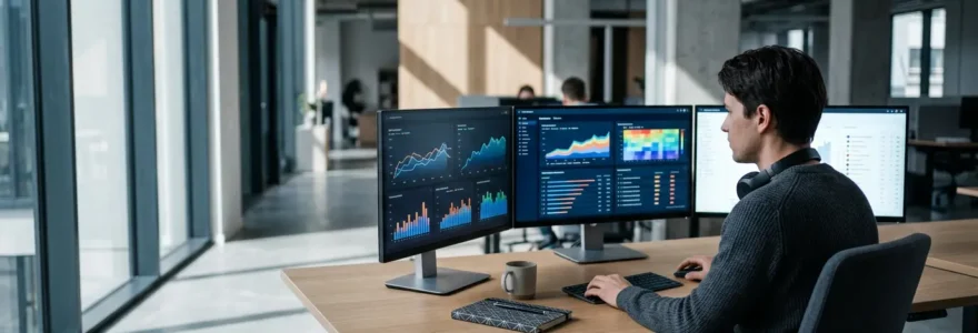 Expert SEO analysant des données de référencement sur plusieurs écrans dans un bureau moderne