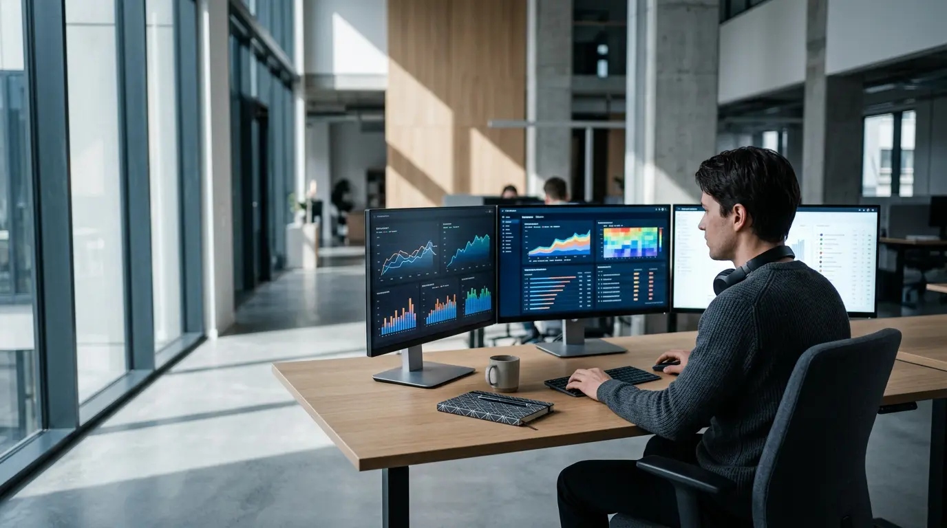 Expert SEO analysant des données de référencement sur plusieurs écrans dans un bureau moderne