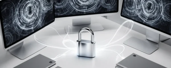 Vue d'ensemble d'un bureau moderne avec plusieurs écrans affichant des interfaces de gestion de domaines et un cadenas symbolique représentant la sécurité numérique