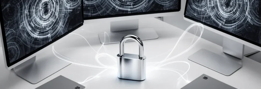 Vue d'ensemble d'un bureau moderne avec plusieurs écrans affichant des interfaces de gestion de domaines et un cadenas symbolique représentant la sécurité numérique
