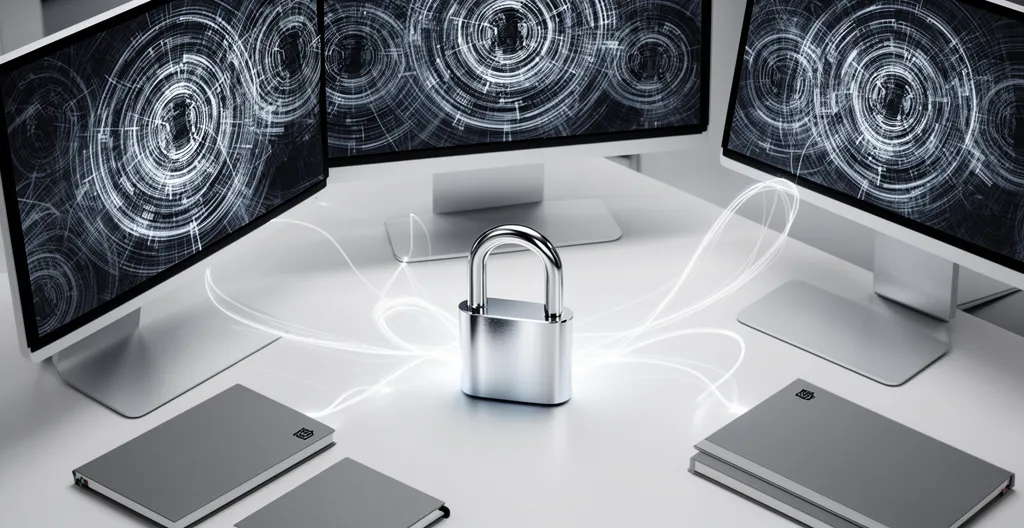 Vue d'ensemble d'un bureau moderne avec plusieurs écrans affichant des interfaces de gestion de domaines et un cadenas symbolique représentant la sécurité numérique